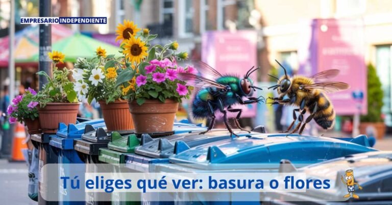 Imagen urbana de una mosca y una abeja conversando junto a contenedores de basura, con flores creciendo cerca, simbolizando dos formas de ver la realidad.